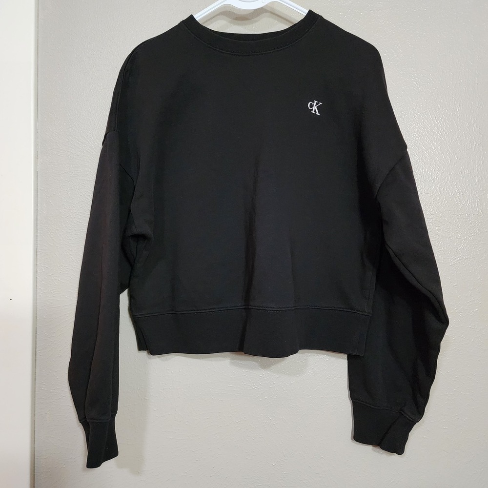 Calvin Klein Sweatshirt Women's Size Small Black Cropped Ling Sleeve Monogram